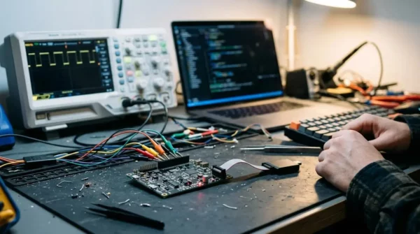 Engineer’s lab bench with an embedded circuit board on probe clips, an oscilloscope and a laptop with source code