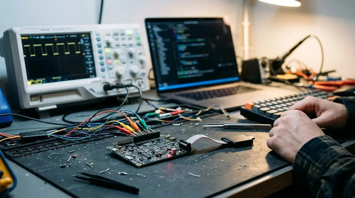 Engineer's lab bench with an embedded circuit board on probe clips, a ribbon cable, an oscilloscope showing digital signals and a laptop with source code