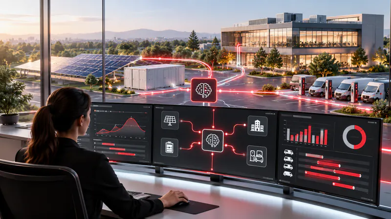 Operator monitoring an energy management dashboard overlooking a site with solar panels and EV charging