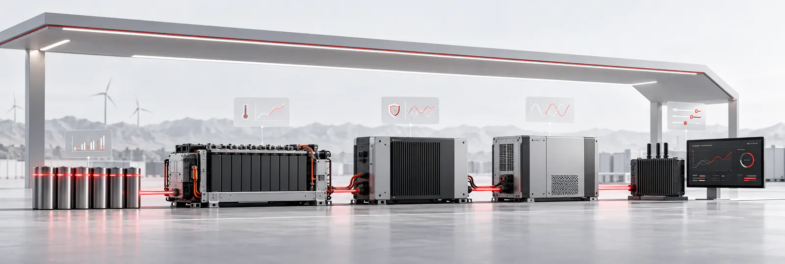 Energy storage site with battery cabinets, power conversion units and a monitoring display under a canopy