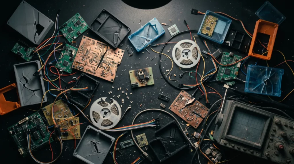 Broken circuit boards, cracked 3D-printed enclosures, and scrapped electronics representing the 80% of IoT hardware projects that die in prototyping
