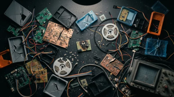Broken circuit boards, cracked 3D-printed enclosures, and scrapped electronics representing the 80% of IoT hardware projects that die in prototyping