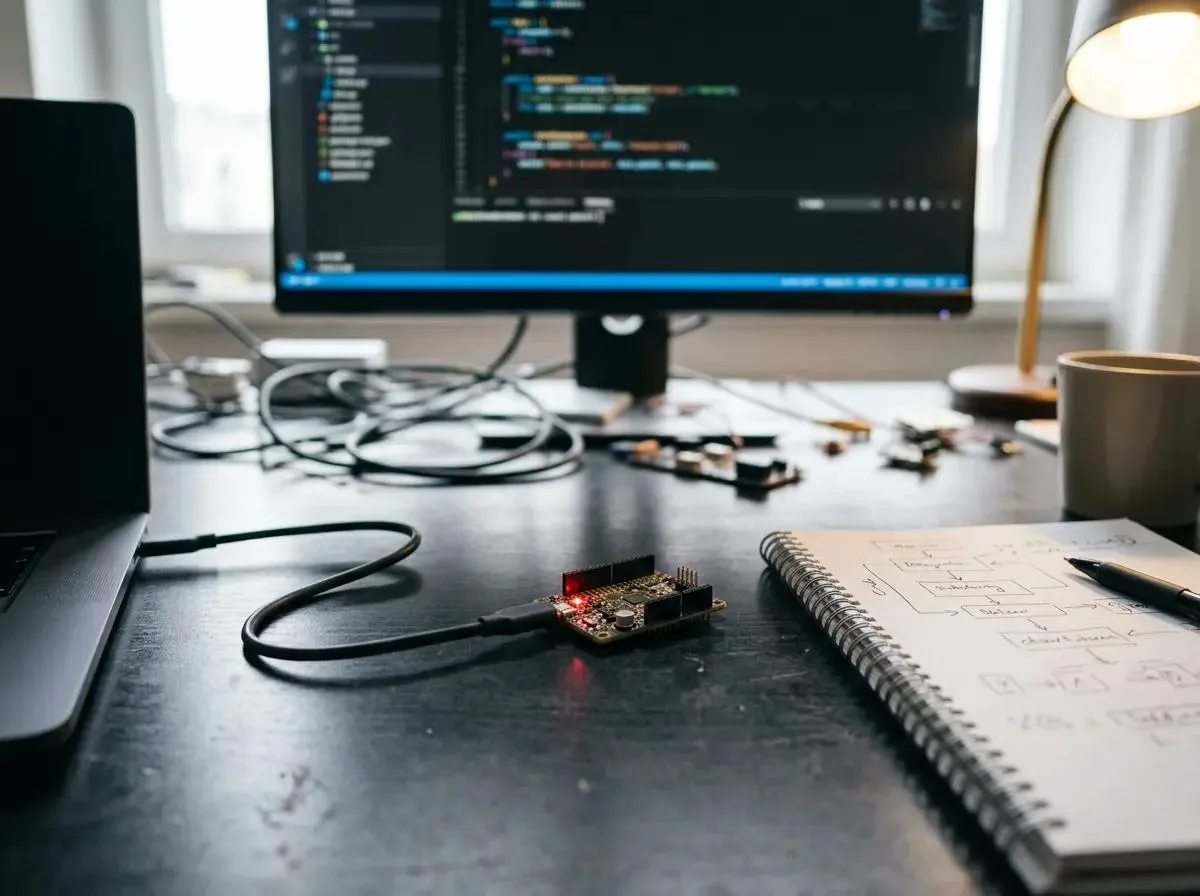 Microcontroller development board connected by USB to a laptop, with source code on a monitor and a firmware state diagram sketched in a notebook