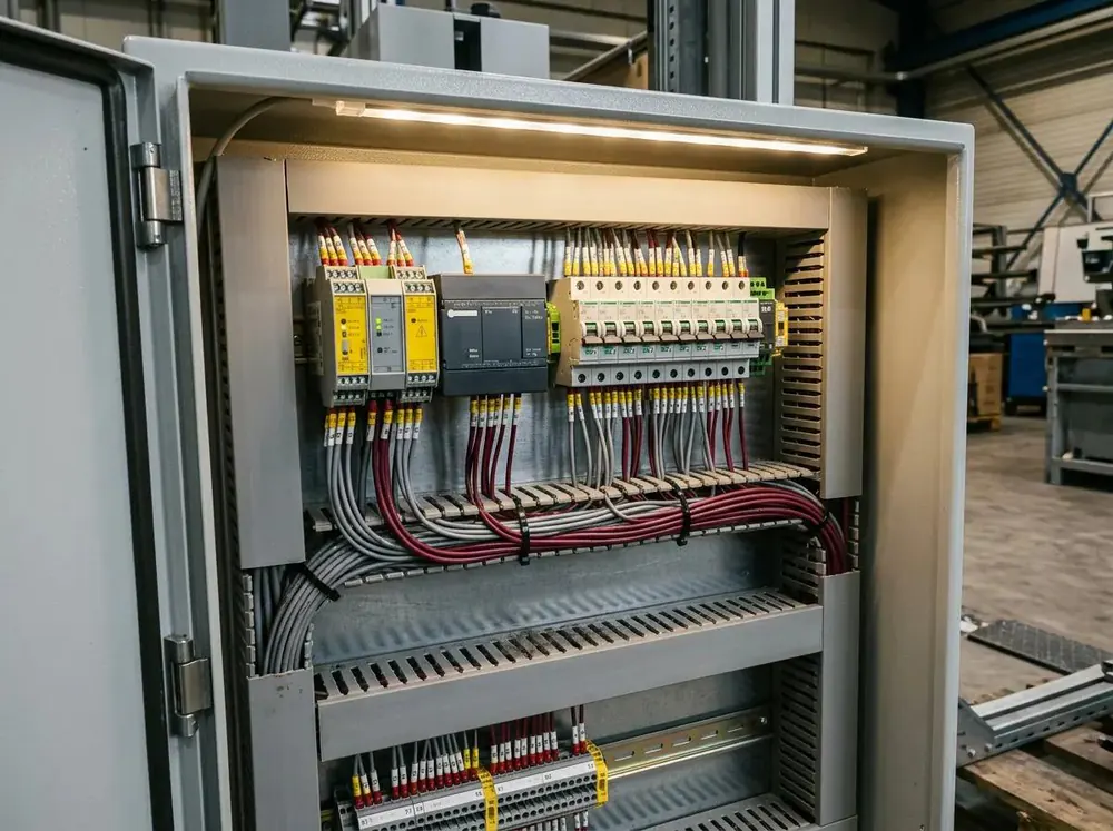 Open control cabinet with safety relays, terminal blocks and wiring