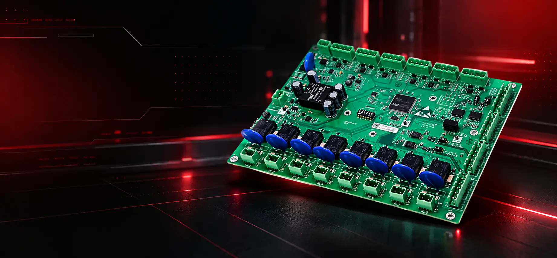 Industrial control board with redundant channels and terminal blocks lit in red