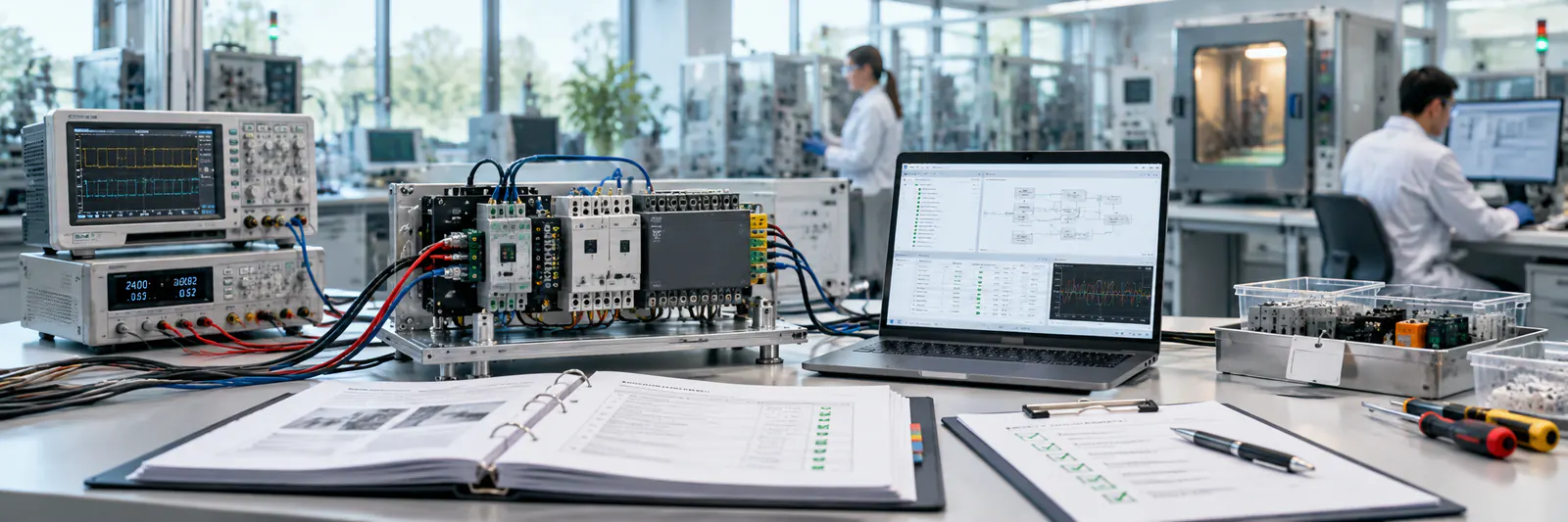 Test lab bench with instruments, documentation and engineers preparing safety compliance evidence