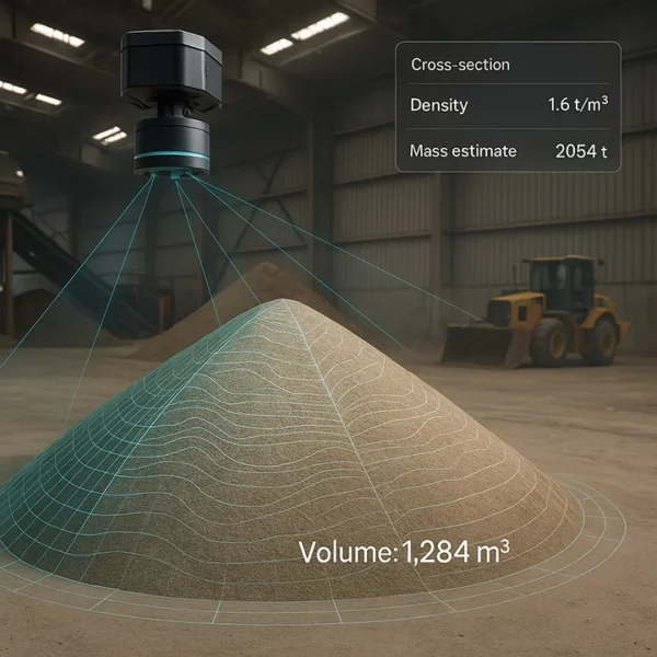 Overhead laser scanner measuring grain pile showing 1284 cubic meters volume, 1.6 tons per cubic meter density, and 2054 ton total mass estimate with contour lines