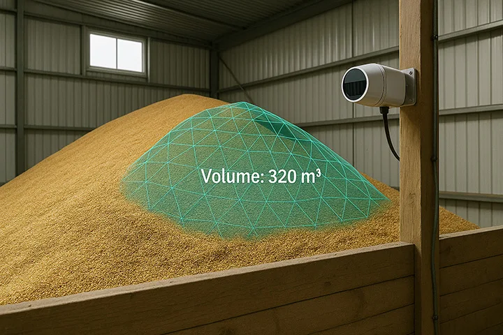 Grain storage warehouse showing 320 cubic meter grain pile with green wireframe volume measurement overlay and mounted sensor device