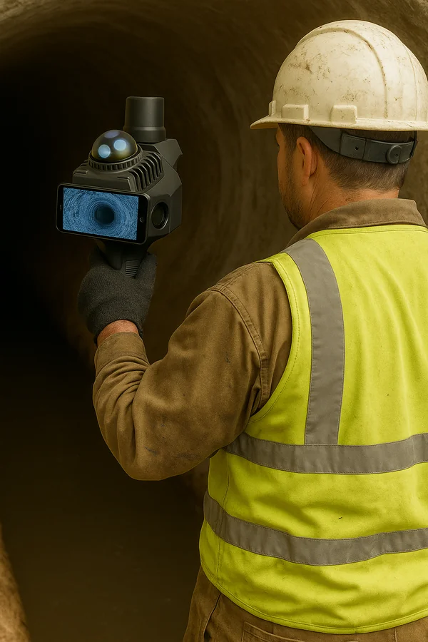 Construction worker in yellow safety vest and white hard hat holding SXMCA handheld LiDAR scanner with blue display screen inside dark sewage tunnel