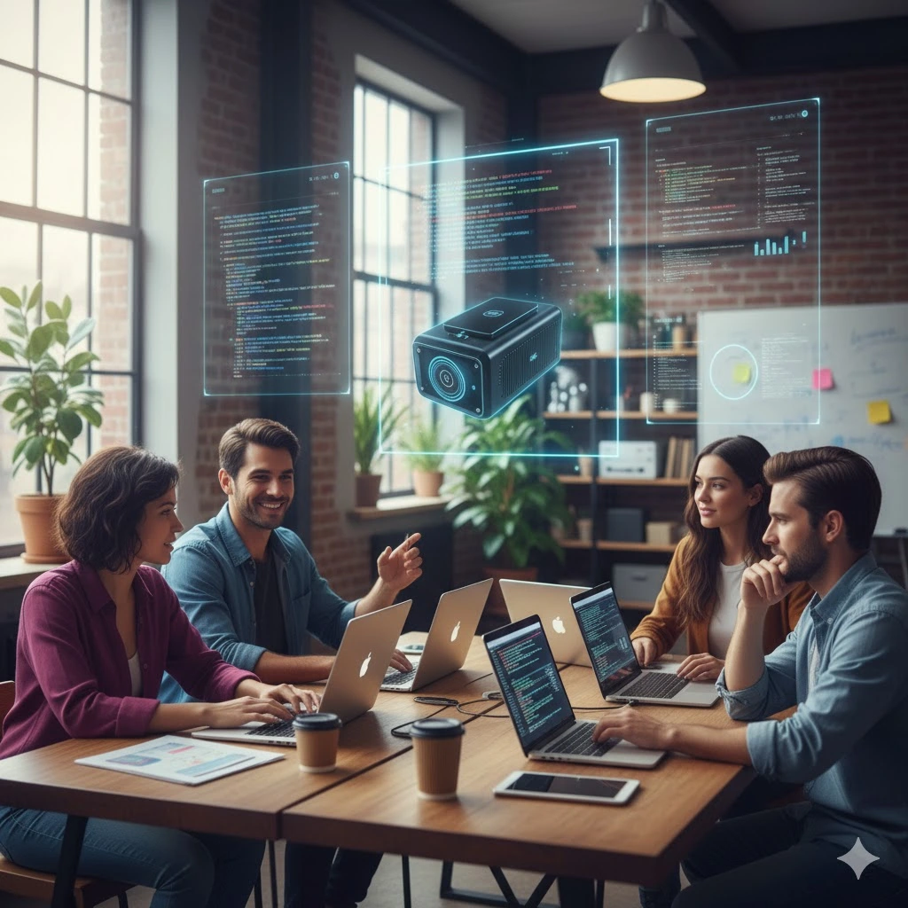 Professional development team collaborating on hardware-software integration project with laptops showing code, holographic device prototype, and technical documentation