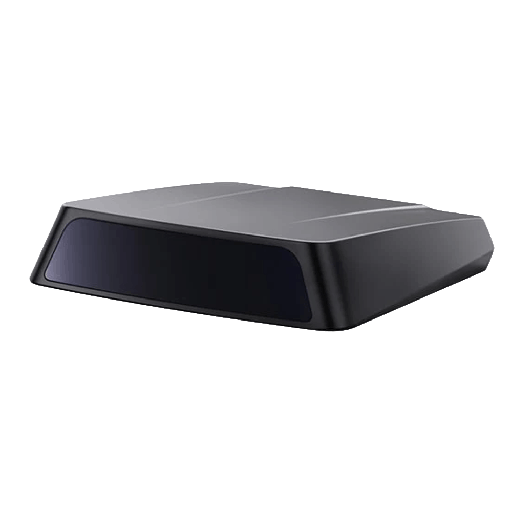 Hesai AT360 long-range LiDAR sensor with compact black housing and transparent scanning window, 950g weight, 360-channel automotive-grade design for autonomous vehicles
