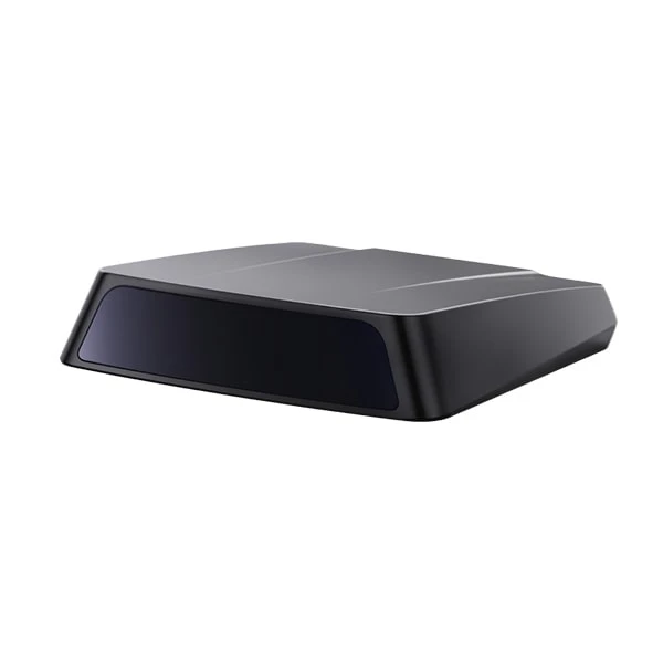 Hesai AT360 long-range LiDAR sensor with compact black housing and transparent scanning window, 950g weight, 360-channel automotive-grade design for autonomous vehicles
