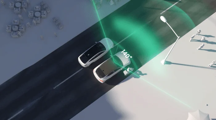 Aerial view of two vehicles on road with green overlay showing Hesai ATX LiDAR's 140-degree horizontal field of view coverage for comprehensive surrounding perception