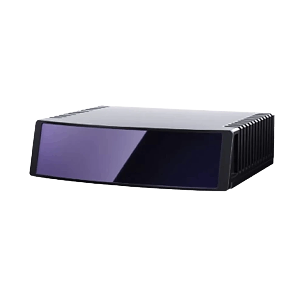 Hesai ETX long-range automotive LiDAR sensor with purple-tinted scanning window and finned heat sink design, 1024-channel wide-view sensor on white background with reflection