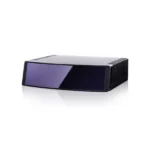 Hesai ETX long-range automotive LiDAR sensor with purple-tinted scanning window and finned heat sink design, 1024-channel wide-view sensor on white background with reflection