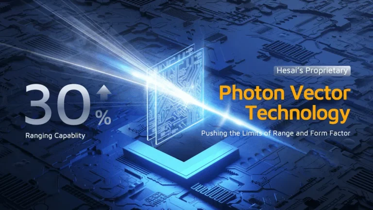 3D visualization of Hesai ETX LiDAR's proprietary Photon Vector Technology showing 30% ranging capability improvement with blue light beam and circuit board illustration