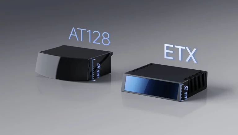 Side-by-side comparison of Hesai AT128 and ETX LiDAR sensors showing ETX's 35% reduced window height with compact rectangular design versus AT128's larger trapezoidal form factor