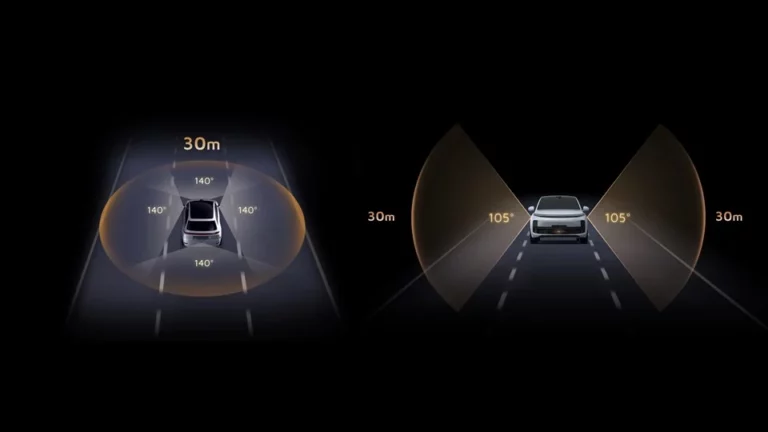 Comparison diagram showing HESAI FTX's 140° surround coverage at 30m range versus ATX's 105° forward coverage at 30m range for autonomous vehicles