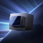 Hesai FTX short-range LiDAR sensor with blue optical window shown with dynamic light ray effects representing 140° x 180° ultra-wide field of view coverage pattern