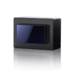 Hesai FTX short-range LiDAR sensor side view showing blue-tinted optical window and matte black rectangular housing, ultra-lightweight 200g design on white background with mirror reflection