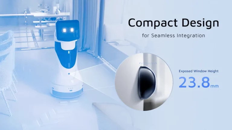 Blue and white service robot in hospital corridor showing Hesai JT128 LiDAR's compact 23.8mm exposed window height for embedded installation
