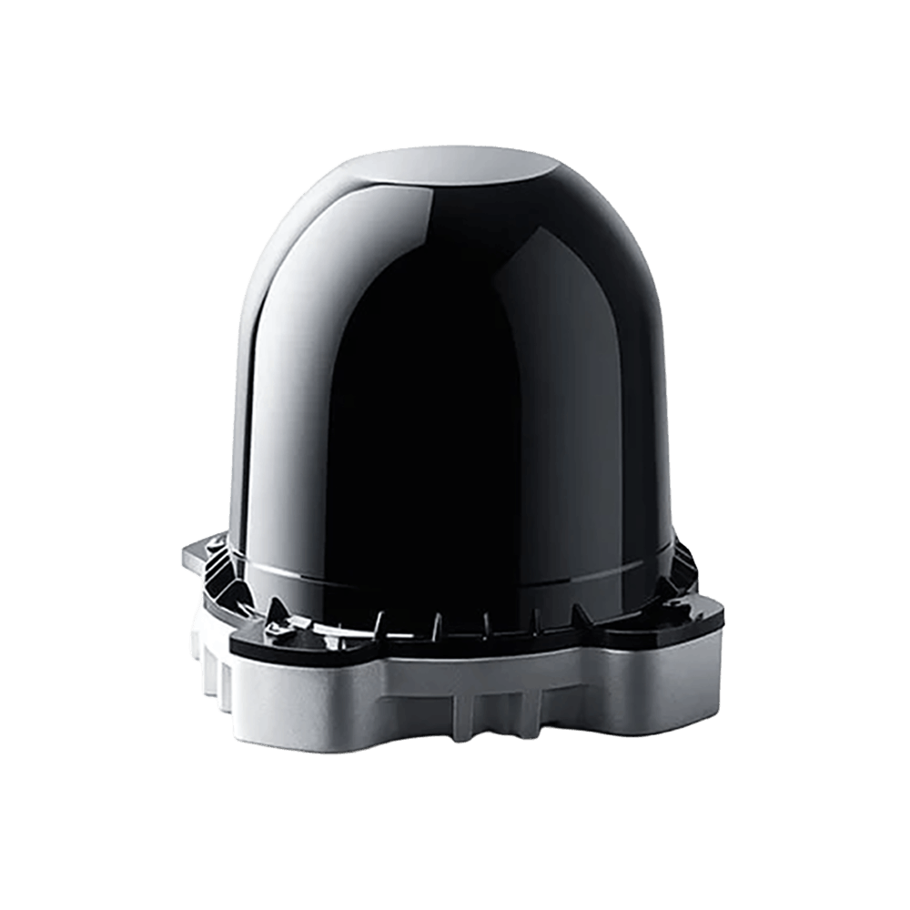 Hesai JT16 ultra-compact automotive LiDAR sensor with glossy black dome housing and gray mounting base featuring connector ports, 199g lightweight design on white background