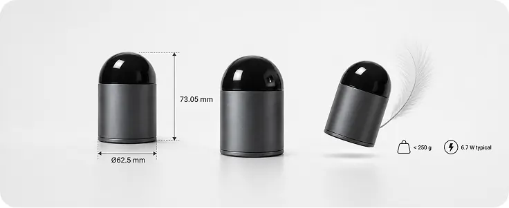 Three views of the JT64P LiDAR with dimensions of 62.5 mm diameter and 73.05 mm height, under 250 g and 6.7 W typical