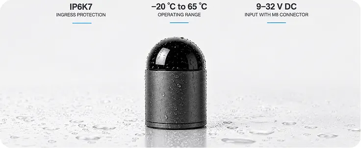 Water covered JT64P LiDAR showing IP6K7 ingress protection, minus 20 to 65 degree operating range and 9 to 32 V DC input
