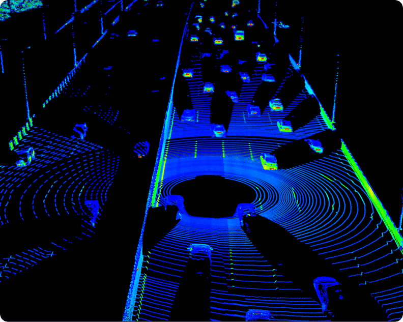 Point cloud image from Hesai OT128 LiDAR showing highway traffic detection with vehicles and road infrastructure for autonomous driving.