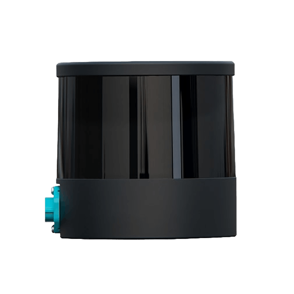 Hesai QT128 automotive LiDAR sensor side view showing blue connector interface, 128-channel short-range perception system for autonomous vehicles