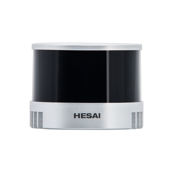 Hesai XT32M2X 32-channel enhanced drone LiDAR sensor on white background, triple-return technology for professional aerial surveying and vegetation mapping