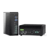 ICL8-EA325 Edge AI Controller front and rear view showing fanless aluminum enclosure, USB ports, HDMI, Ethernet, RS485, RS232, CAN FD interfaces for industrial automation