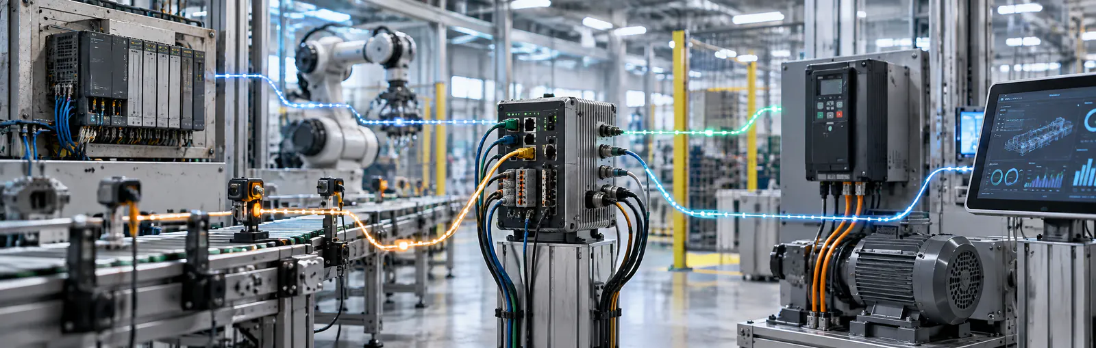 Automated production line with robots, drives and control panels connected over industrial interfaces
