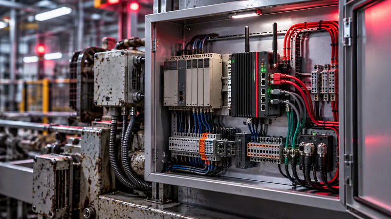 Control cabinet with industrial gateways, PLC modules and fieldbus wiring