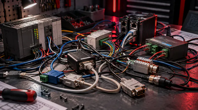 Tangle of serial, fieldbus and Ethernet cables connecting mismatched industrial devices
