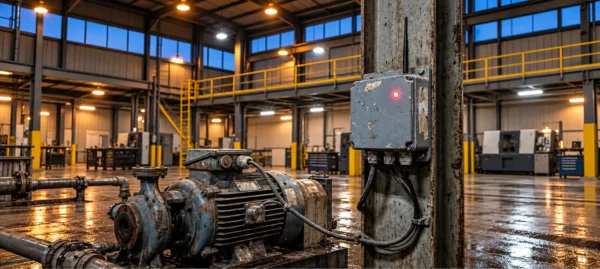 Factory floor with motors, pumps and a wall-mounted sensor junction box