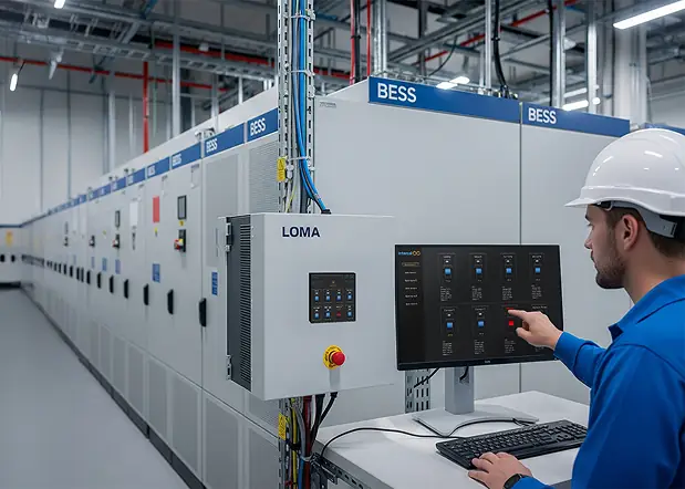 Technician operating industrial battery energy storage system with digital control panel in modern infrastructure facility