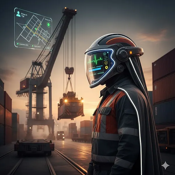 Industrial worker wearing smart helmet with AR display and integrated sensors at port construction site with crane operations