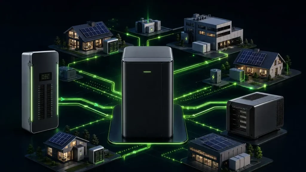 intercal8 distributed data center management platform linking a central edge compute node to solar-powered homes, commercial buildings and battery storage with green energy flows