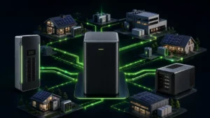 intercal8 distributed data center management platform linking a central edge compute node to solar-powered homes, commercial buildings and battery storage with green energy flows