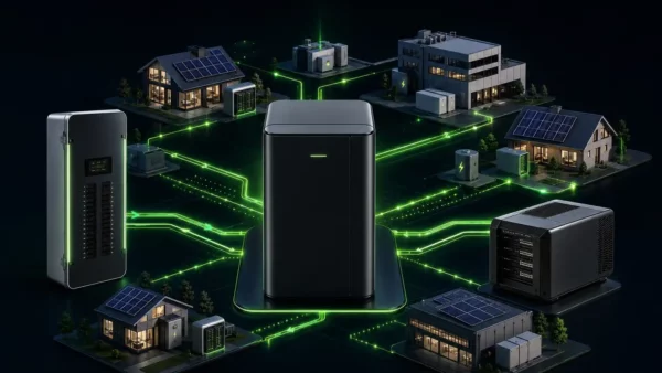 intercal8 distributed data center management platform linking a central edge compute node to solar-powered homes, commercial buildings and battery storage with green energy flows