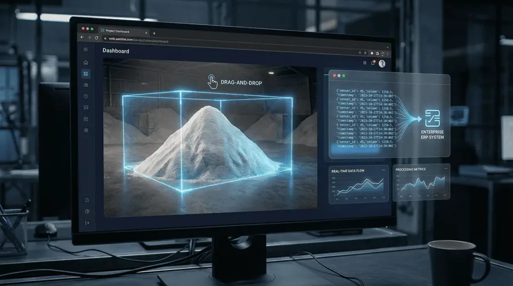Inventory management dashboard showing 3D stockpile visualization with real-time volume data and ERP integration