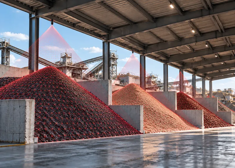Stockpiles in concrete bays under a covered yard with red LiDAR scan beams