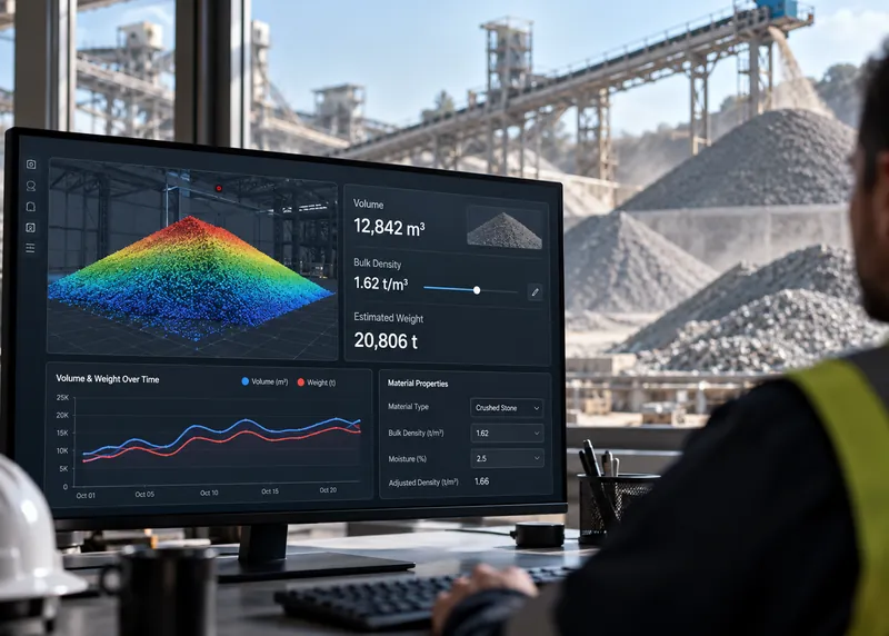 Monitor with a 3D stockpile model and volume readout, a worker in a vest at the desk