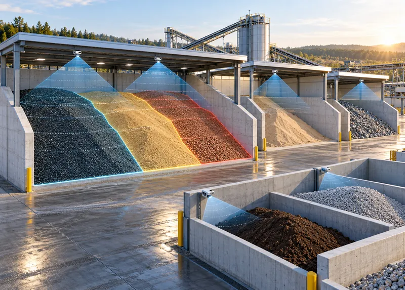 Bays of different materials covered by colored scan overlays at an aggregate plant