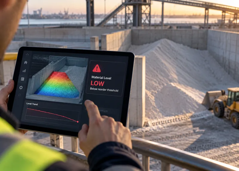 Worker holding a tablet that shows a low-level alert on a 3D bin model