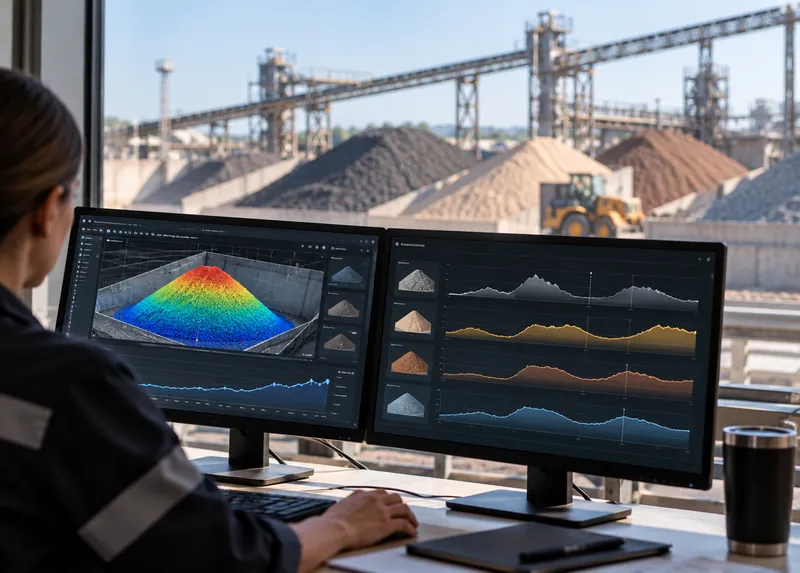 Control room with two monitors showing 3D stockpile models and history charts