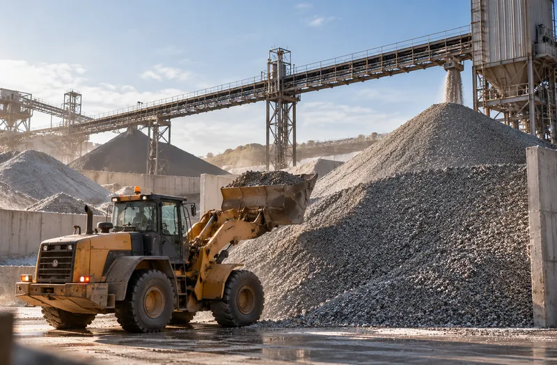 Wheel loader moving crushed stone at an aggregate yard with conveyors behind it