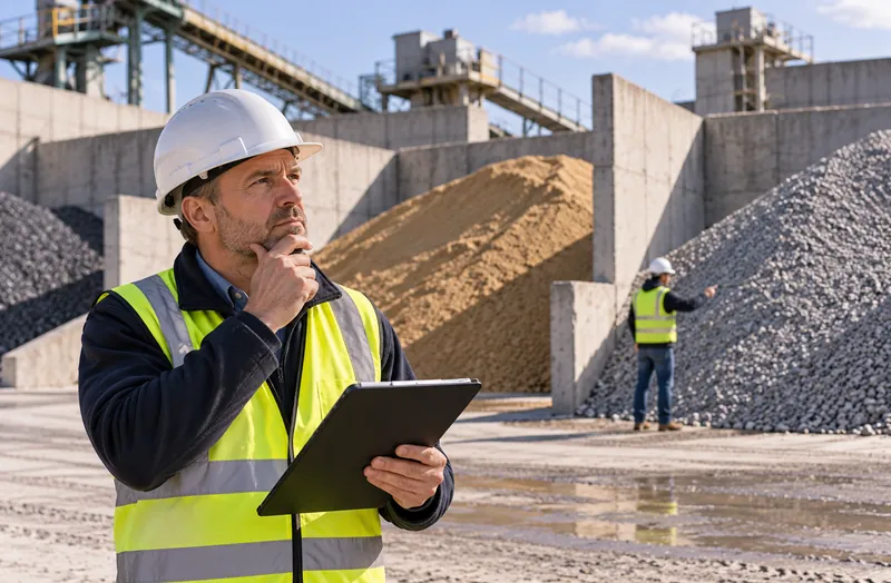 Engineer in a hard hat and vest holding a tablet in front of material bays at an aggregate yard
