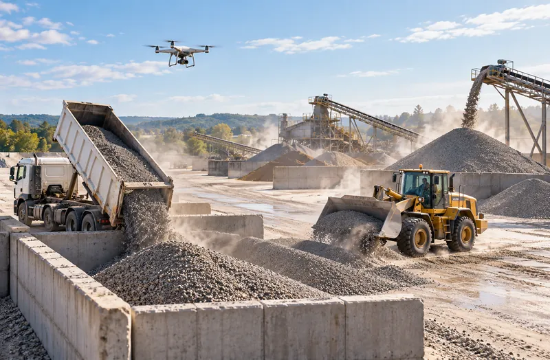 Dump truck unloading into a bay while a loader and a drone work in the yard